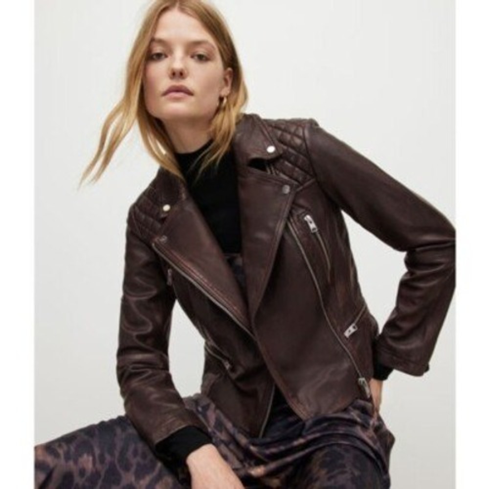 AllSaints Cargo Leather Biker Jacket Oxblood Burgundy Brown Quilted US 2 UK 6